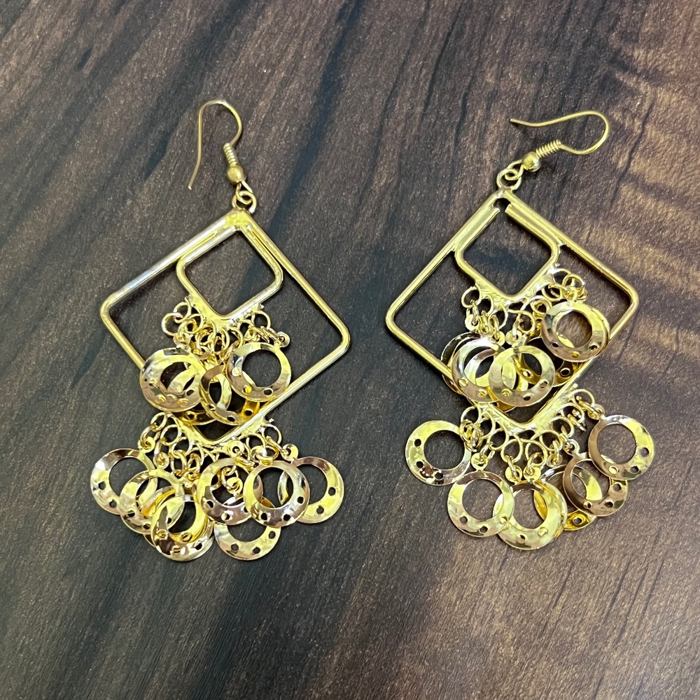 Large Gold Tone Multi Layer Dangle Earrings